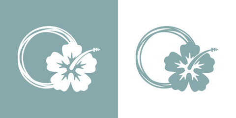 Logo vacaciones en Hawái. Marco circular con líneas con silueta de flor de hibisco - obrazy, fototapety, plakaty