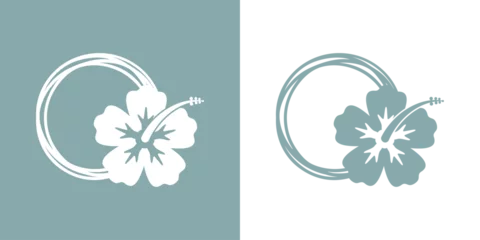 Fototapeten Logo vacaciones en Hawái. Marco circular con líneas con silueta de flor de hibisco © teracreonte