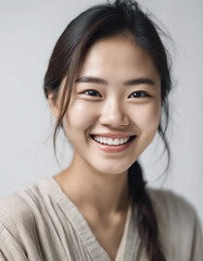 Fototapeta premium Portrait of an Asian young woman with a happy and sincere smile, isolated white background. copy space for text 