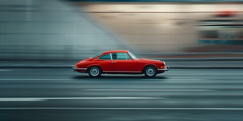 A single red car zooms down a bustling highway amidst blurred motion. Concept Motion Blur, Red Car, Highway Traffic, Fast Speed, Transportation