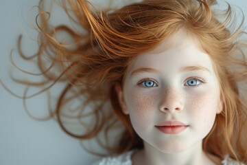 Close up portrait of a young girl with red hair and blue eyes staring confidently at the camera