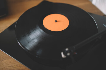 Close up of turntable playing LP vinyl record