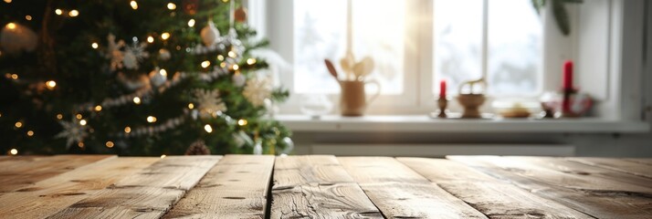 Festive Holiday Decor on Rustic Kitchen Counter and Blurred Window Background