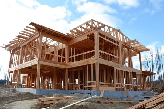 Constructing a Timber Frame House: Builders Installing Wooden Structures and Cladding