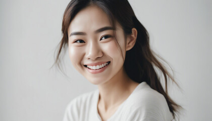 Fototapeta premium Portrait of an Asian young woman with a happy and sincere smile, isolated white background. copy space for text 