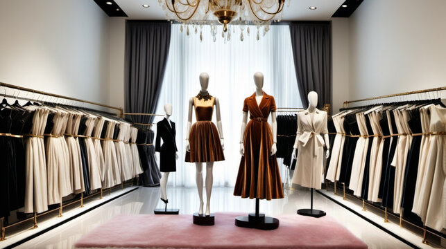 Luxury Affair: A Boutique of Opulence, Featuring Elegant Mannequins, Velvet Curtains, and Gleaming Brass Fixtures