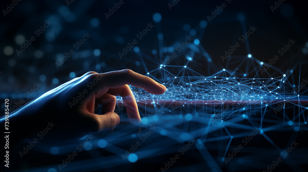 Aufkleber hand interacting with virtual network image background. connected nodes close up picture. digital co