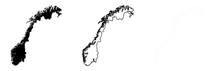 Norway country silhouette. Set of 3 high detailed maps. Solid black silhouette, thick black outline and thin black outline. Vector illustration isolated on white background.