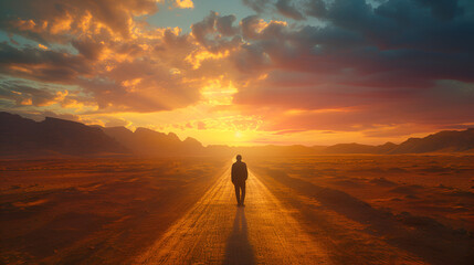 Man walking alone on a desert road toward mountains, generative ai - obrazy, fototapety, plakaty