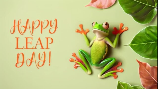 Funny frog with  'Happy Leap Day!' text on light green background. Leap year concept
