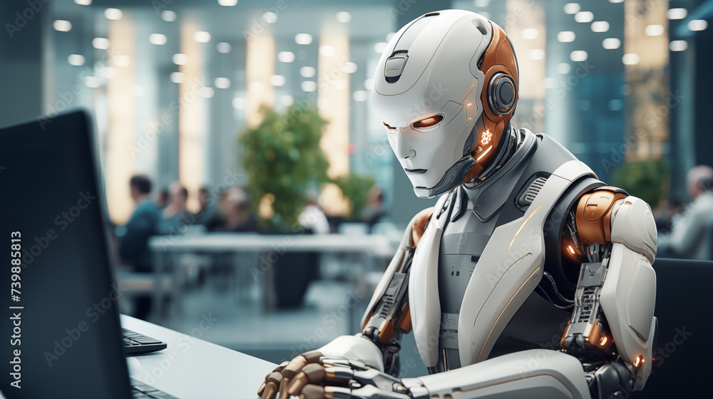 Poster future workplace with robot portrait image. android on business strategy meeting picture photorealis