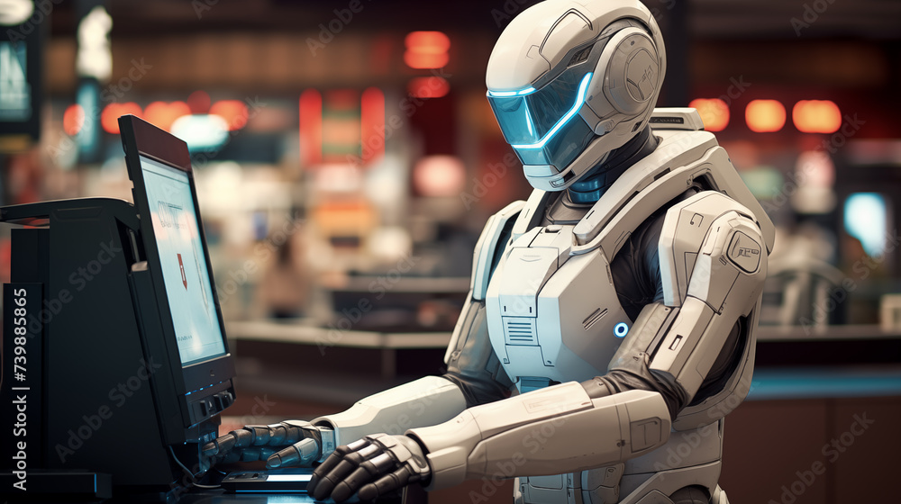 Poster futuristic robot cashier operating pos terminal image background. busy retail environment picture sc