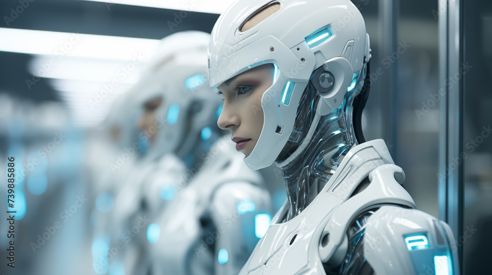 Poster cybersecurity robot in high-tech corridor portrait image. advanced ai photography shot. female andro