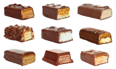 Set of Cut chocolate bar with stretching caramel, isolated on transparent background
