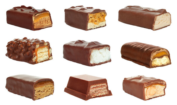 Set of Cut chocolate bar with stretching caramel, isolated on transparent background
