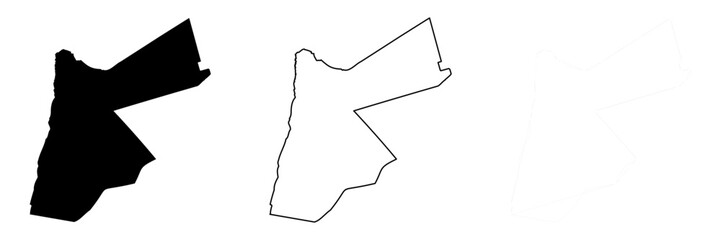 Jordan country silhouette. Set of 3 high detailed maps. Solid black silhouette, thick black outline and thin black outline. Vector illustration isolated on white background.
