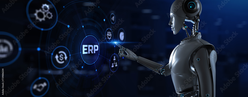 Poster erp enterprise resources planning. robot pressing button on screen 3d render.