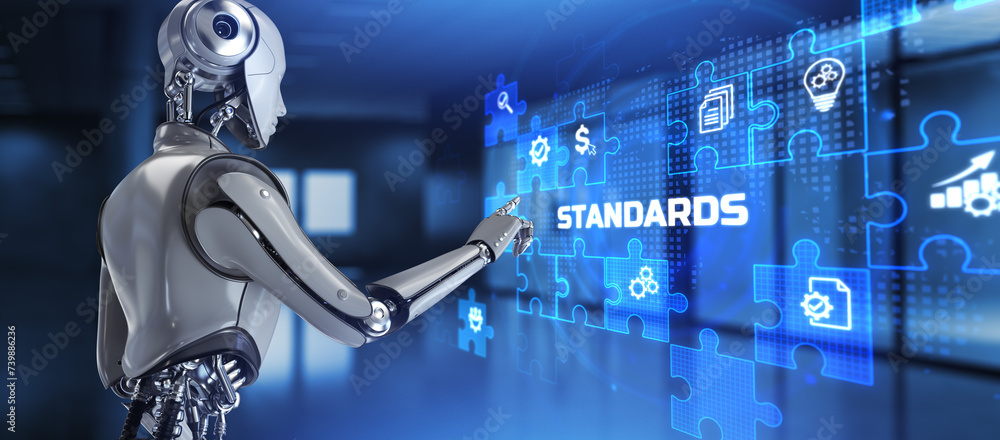 Poster standard quality control certification standardisation. robot pressing button on screen 3d render.