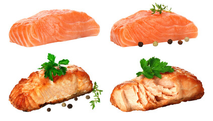 Set of Raw and Fried Salmon fish steaks with green scum, isolated on transparent background