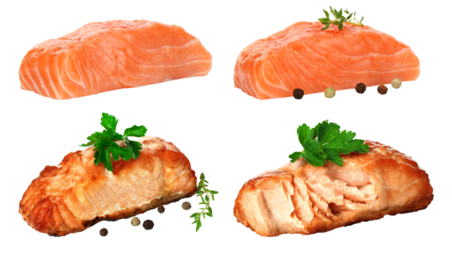 Set of Raw and Fried Salmon fish steaks with green scum, isolated on transparent background