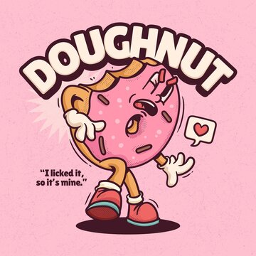 Doughnut Trendy Retro Cartoon Vector Hand Drawn
