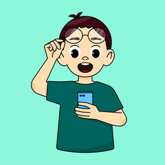 A boy holds a smartphone, looks at the smartphone in surprise and shock, the other hand raises his glasses up