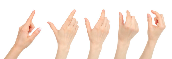 Set of Woman hands with gestures like touching mobile phone screen, isolated on transparent...