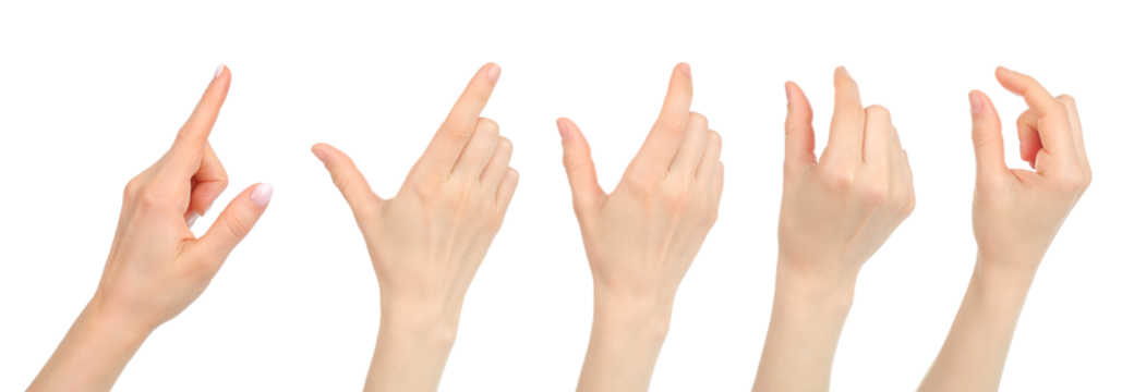 Set of Woman hands with gestures like touching mobile phone screen, isolated on transparent background