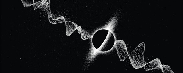 Black hole with disc of plasma and  ray burst. Supermassive singularity in core off a galaxy, with noise texture . Event horizon .Vector illustration