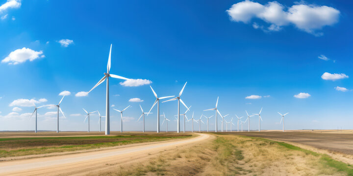 Harmony in Motion: A Wind-powered Renewable Energy Generation Farm in a Serene Blue and Green Landscape