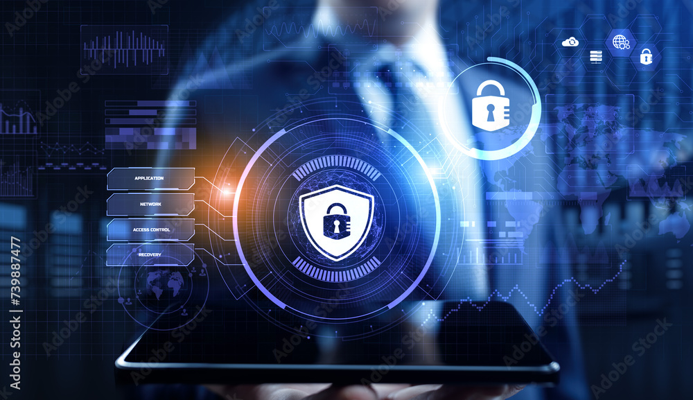 Poster cyber security access control data protection personal information privacy concept. businessman pres