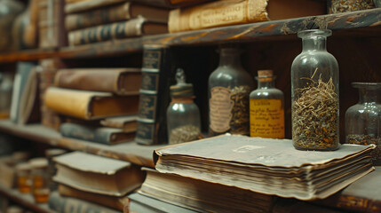 Naklejka na ściany i meble Old bookshelves with old books