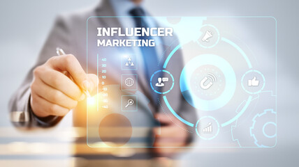 Influencer Influence marketing social media advertising concept on screen.