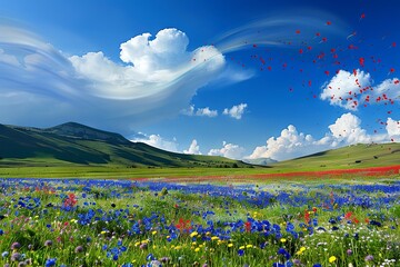 Zephyr Zephyrus god of winds blowing spring whispering on a colorful vivid colors flowers field