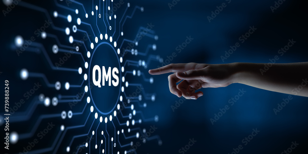 Poster qms quality management system. hands pressing button virtual screen.