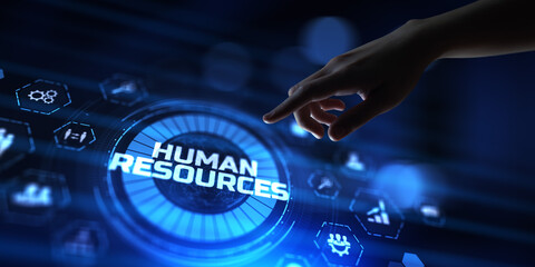 HR Human resources management Recruitment Headhunting. Hand pressing button on screen.