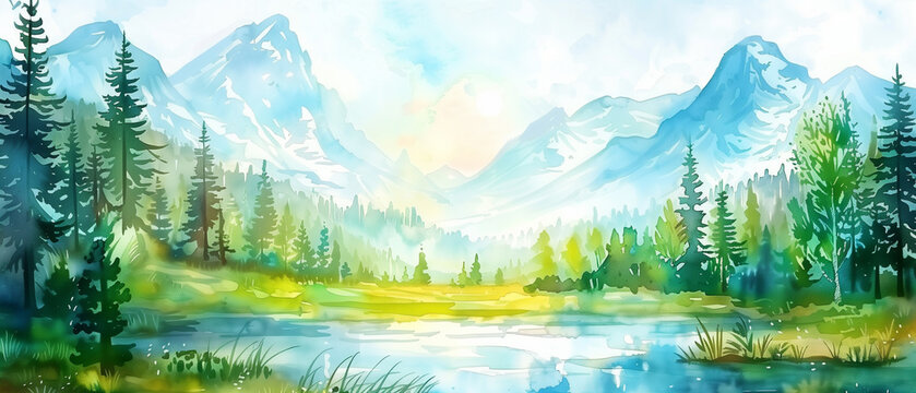 Mountains forests and a lake watercolor landscape background