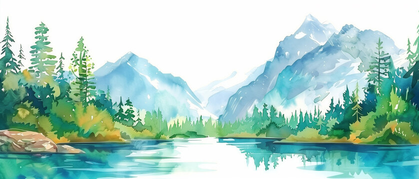 Mountains forests and a lake watercolor landscape background