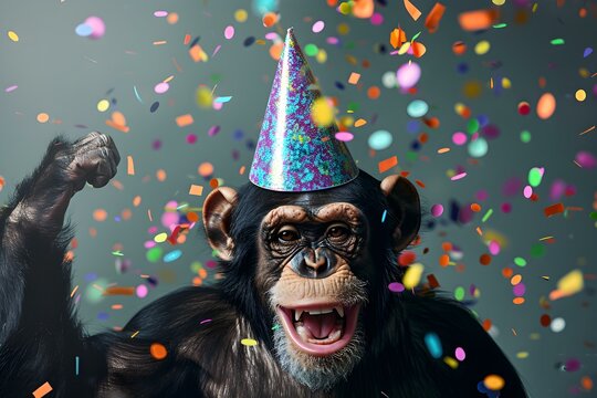 Celebratory Monkey in Party Hat with Confetti Embracing Festive Occasion. Concept Festive Photos, Celebratory Monkey, Party Hat, Confetti, Fun Portrait