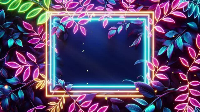 Neon frame on a blue background with leaves and gold sparkles.