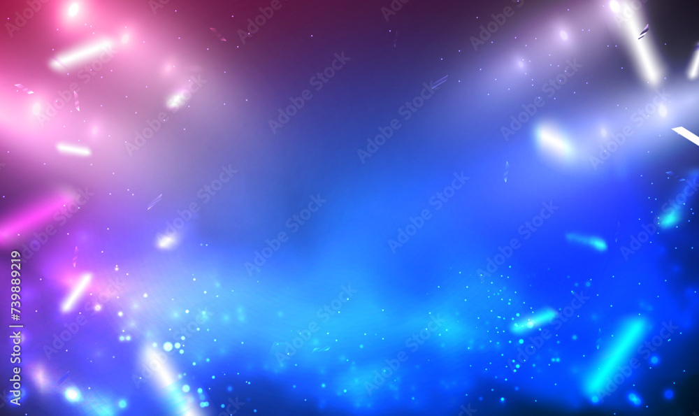 Poster empty background scene with spotlights and sparkling confetti. show stage backdrop with spotlight ef