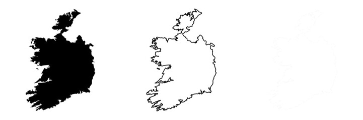 Ireland country silhouette. Set of 3 high detailed maps. Solid black silhouette, thick black outline and thin black outline. Vector illustration isolated on white background.