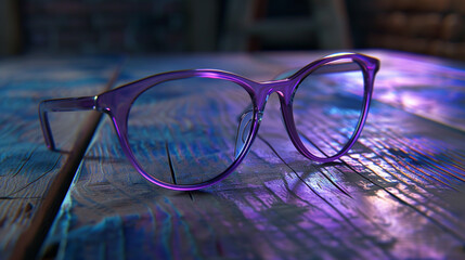 Amethyst purple, translucent ladies' glasses, exquisitely thin, displayed on an antique wooden table. The soft evening light casts a gentle glow. Ultra high details, 32K.