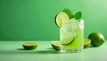 cold lime drink with lime and sliced lime, isolated light green background with decorative leaves

