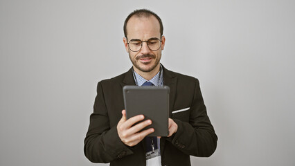 Hispanic bald man with beard in suit reading tablet against white background.