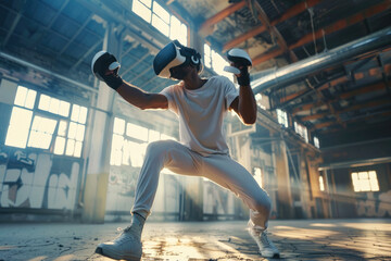 A stylish man confidently dances on the indoor ground, his feet adorned with unique footwear as he swings a virtual sword in one hand and punches the air with boxing gloves, fully immersed in a virtu