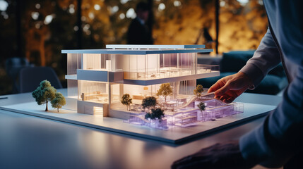 An architect carefully examines a detailed architectural model of a building, placed on a desk within a contemporary office setting, showcasing meticulous design and planning stages. - Powered by Adobe