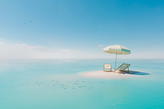 tranquil beach oasis with two beach chairs and a parasol on a small, pristine sandbar surrounded by the expansive turquoise sea. Tropical summer concept.