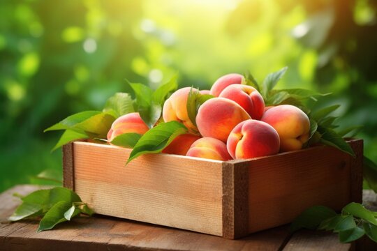 fresh peach in a wooden box
