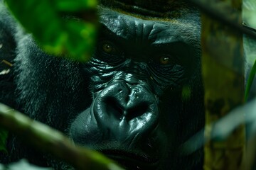Majestic Silverback Gorilla in its Natural Rainforest Habitat: A Close-up Portrait. Concept Wildlife Photography, Rainforest Ecosystem, Endangered Species Conservation
